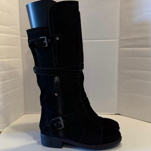 MOJO MOXY black suede buckle zip moto boots Y2K high low knee stud women's 9 - Picture 4 of 13